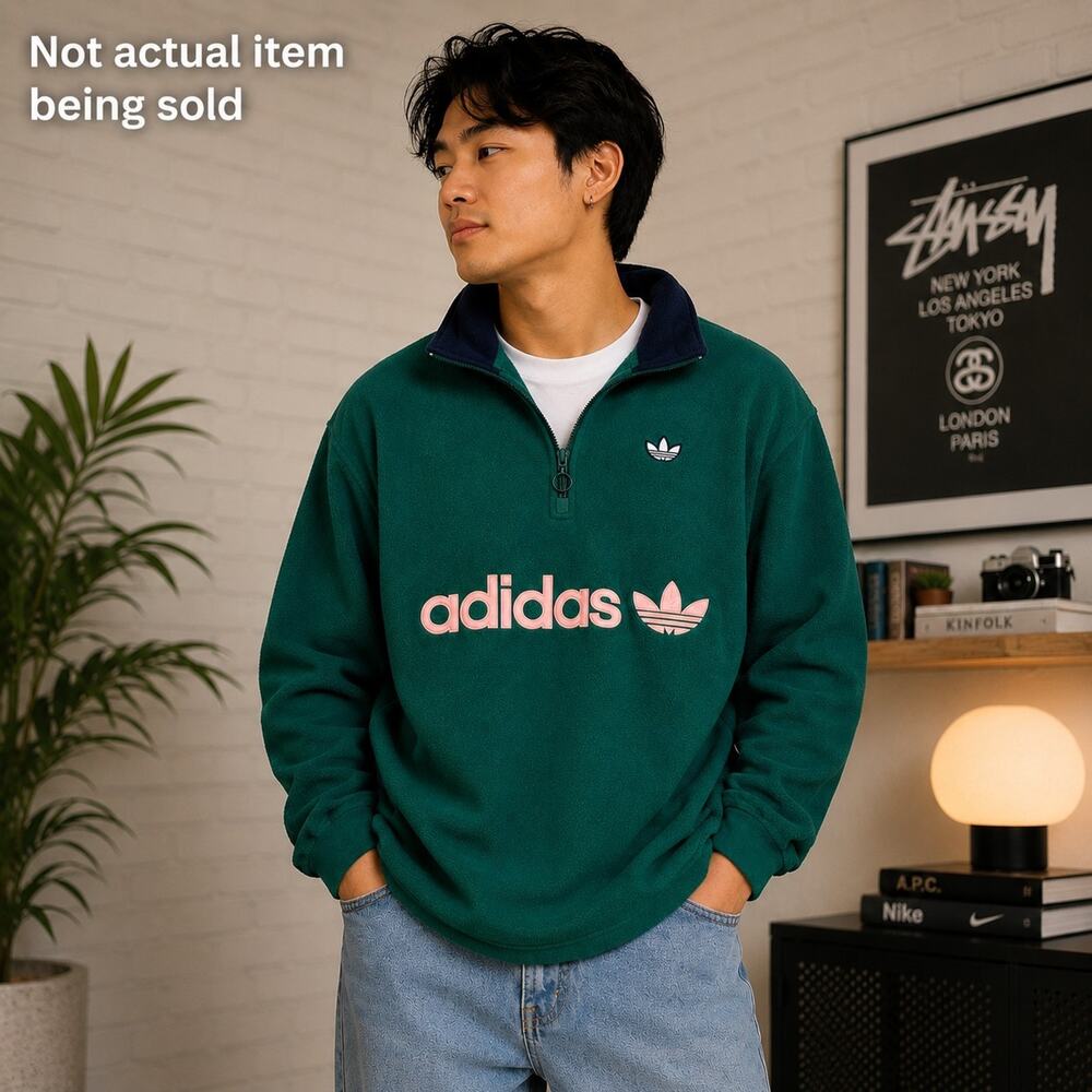 Vintage Adidas Men’s Fleece Pullover Sweater Green 1/4 Zip Collared S